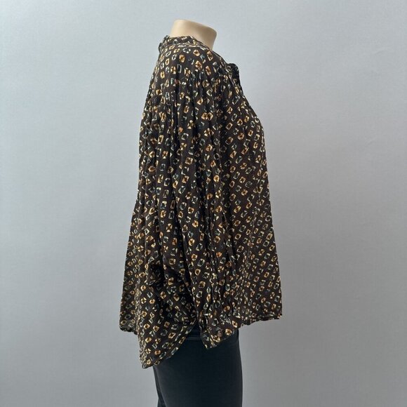 Anthropologie Boho Flowy Button-Down Tunic Blouse Cotton Brown Yellow Pattern S - Picture 3 of 11
